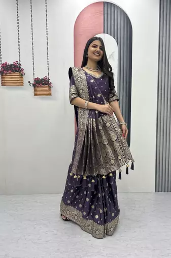 Blue color art silk jacquard latkan work pre stitched ready to wear saree with un-stitched blouse