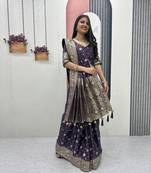 Blue color art silk jacquard latkan work pre stitched ready to wear saree with un-stitched blouse