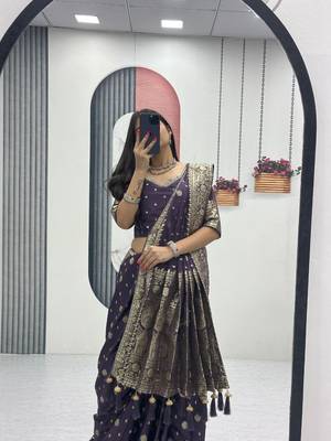 Blue art silk jacquard latkan work pre stitched ready to wear saree with un-stitched blouse 2