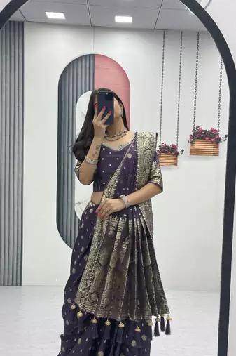Blue color art silk jacquard latkan work pre stitched ready to wear saree with un-stitched blouse