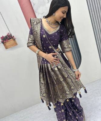 Blue art silk jacquard latkan work pre stitched ready to wear saree with un-stitched blouse 3