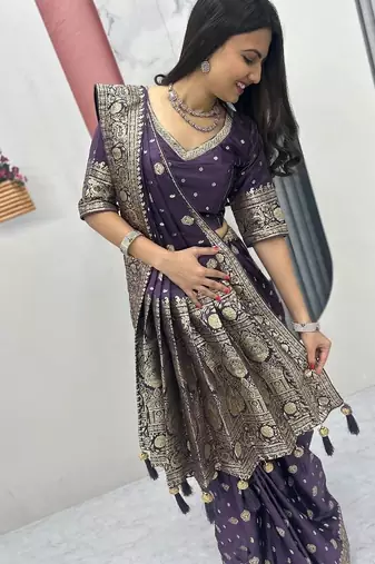 Blue color art silk jacquard latkan work pre stitched ready to wear saree with un-stitched blouse
