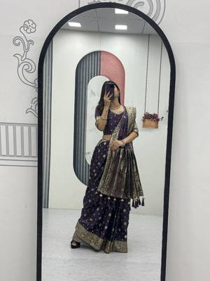 Blue art silk jacquard latkan work pre stitched ready to wear saree with un-stitched blouse 4
