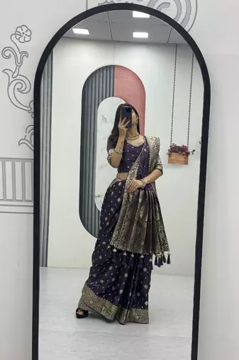 Blue color art silk jacquard latkan work pre stitched ready to wear saree with un-stitched blouse