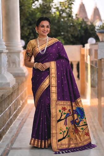 Purple faux banarasi silk saree with paithani rich weaved pallu and blouse