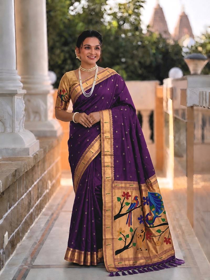 Purple faux banarasi silk saree with paithani rich weaved pallu and blouse