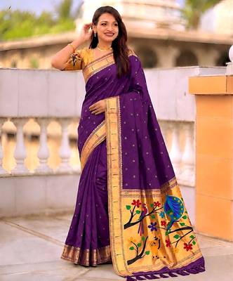 Purple faux banarasi silk saree with paithani rich weaved pallu and blouse 3