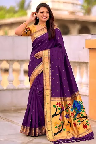 Purple faux banarasi silk saree with paithani rich weaved pallu and blouse