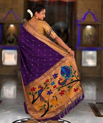 Purple faux banarasi silk saree with paithani rich weaved pallu and blouse 4