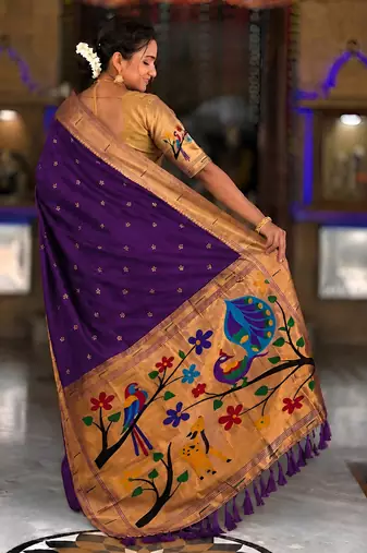 Purple faux banarasi silk saree with paithani rich weaved pallu and blouse