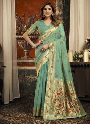 Turquoise super kota zari boder festival wear saree 1
