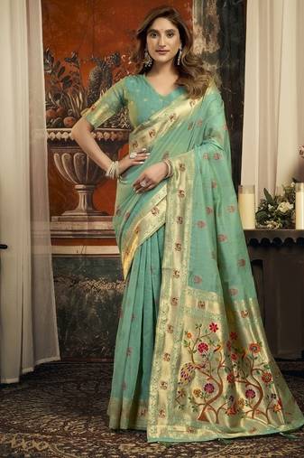 Turquoise super kota zari boder festival wear saree