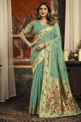 Turquoise super kota zari boder festival wear saree