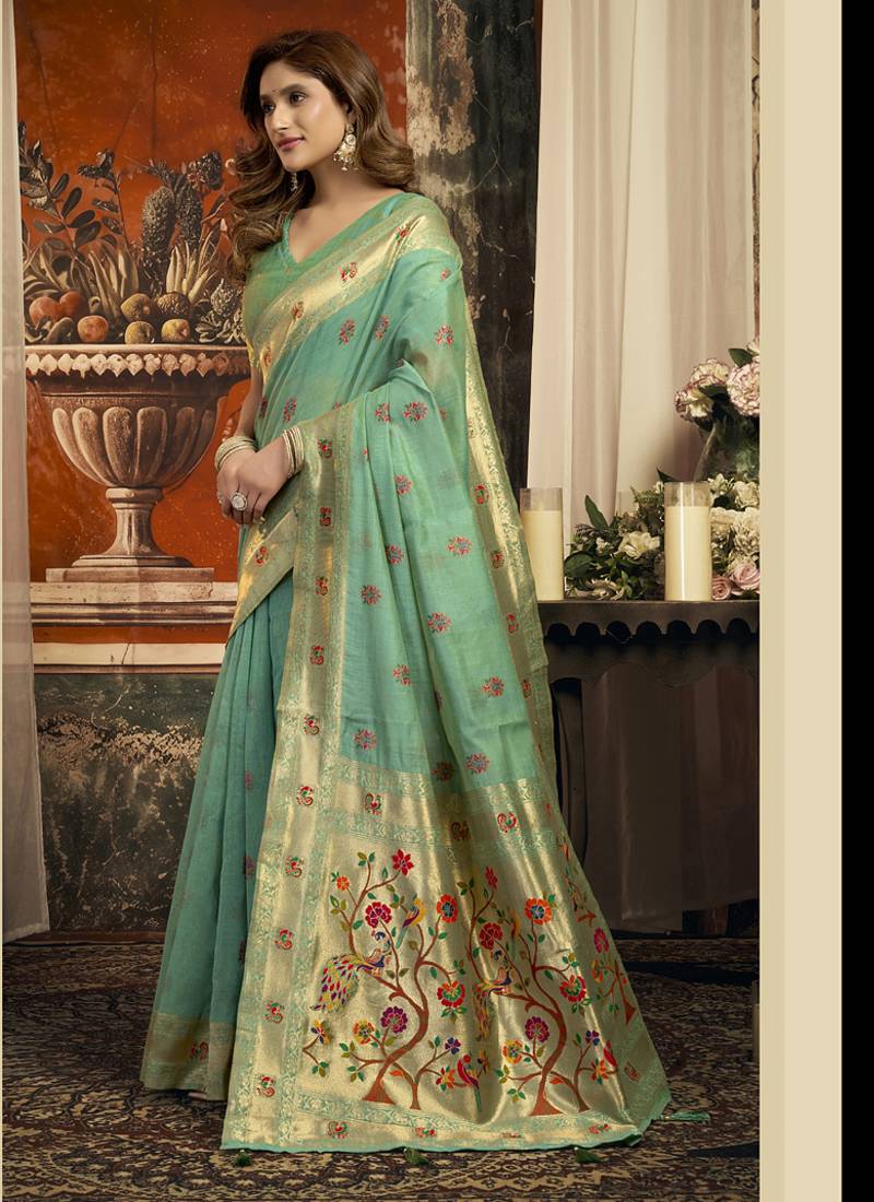 Turquoise super kota zari boder festival wear saree