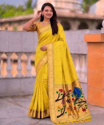Yellow faux banarasi silk saree with paithani rich weaved pallu and blouse 2