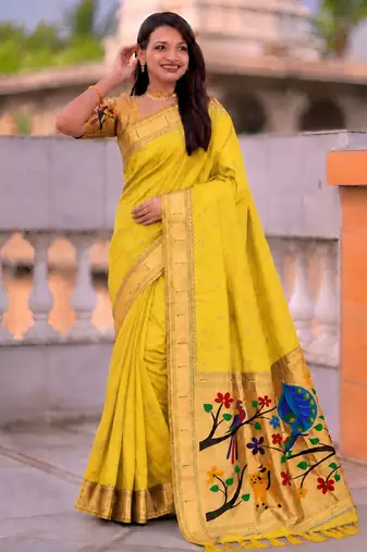 Yellow faux banarasi silk saree with paithani rich weaved pallu and blouse