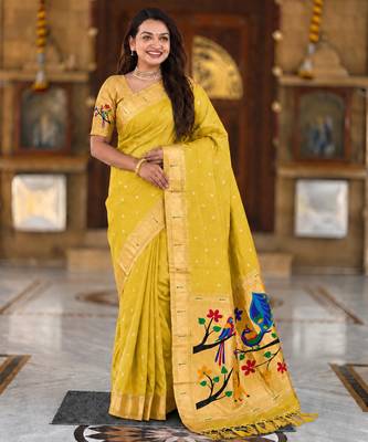 Yellow faux banarasi silk saree with paithani rich weaved pallu and blouse 3