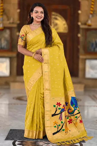 Yellow faux banarasi silk saree with paithani rich weaved pallu and blouse