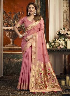 Peach super kota zari boder festival wear saree 1
