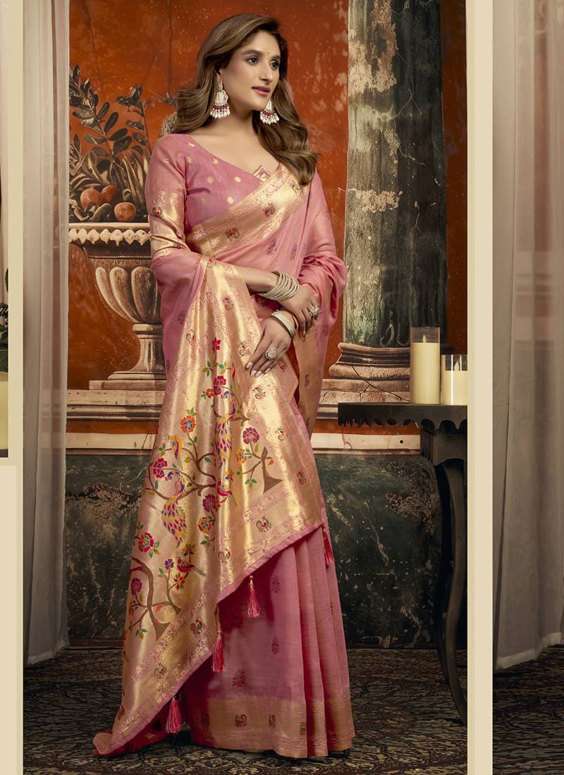 Peach super kota zari boder festival wear saree