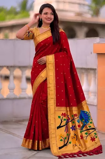 Red faux banarasi silk saree with paithani rich weaved pallu and blouse