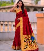 Red faux banarasi silk saree with paithani rich weaved pallu and blouse