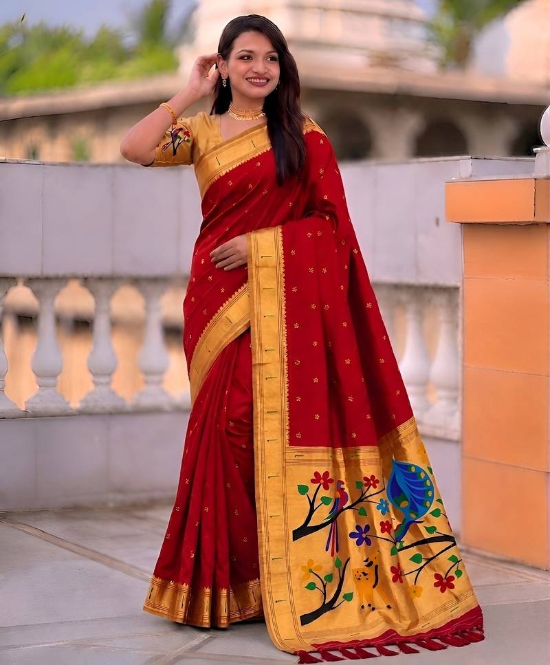 Red faux banarasi silk saree with paithani rich weaved pallu and blouse