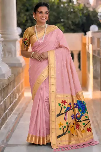 Baby pink faux banarasi silk saree with paithani rich weaved pallu and blouse