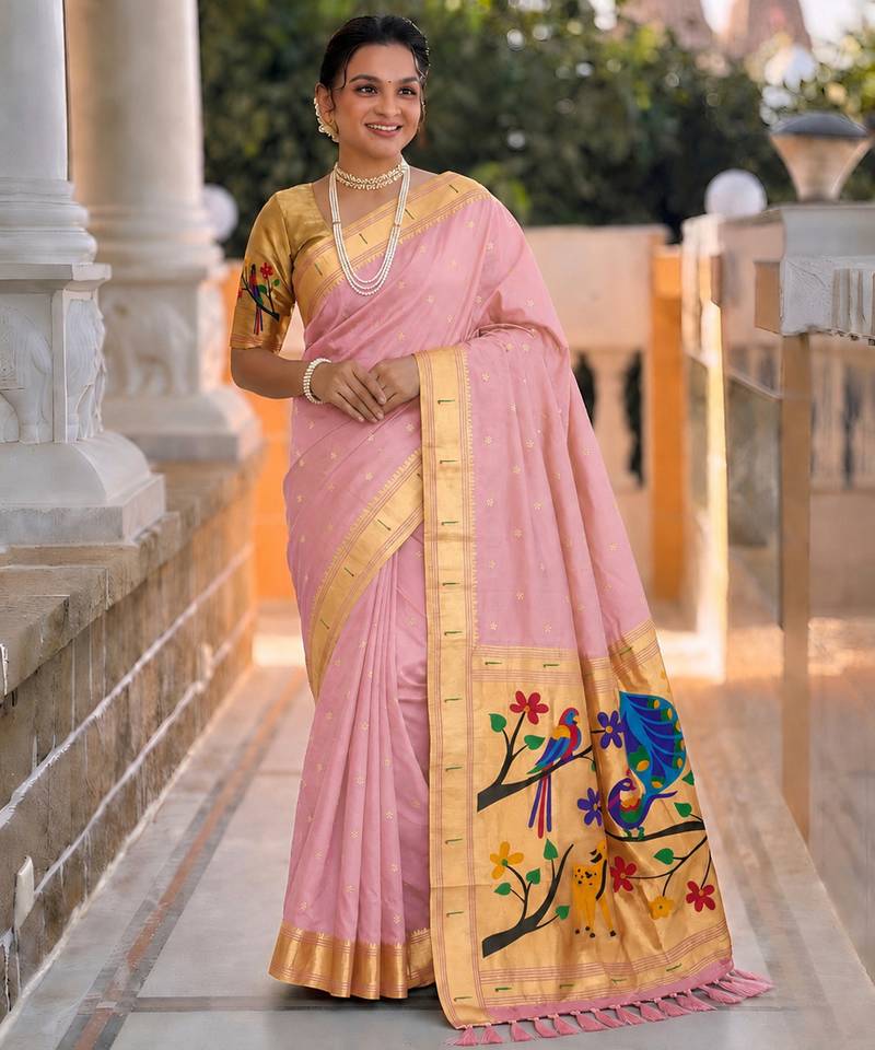 Baby pink faux banarasi silk saree with paithani rich weaved pallu and blouse