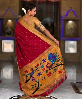Red faux banarasi silk saree with paithani rich weaved pallu and blouse 2