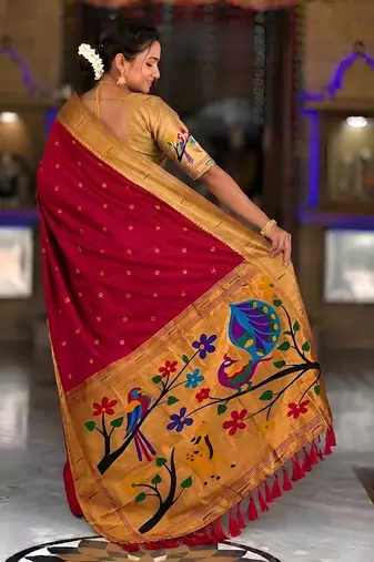 Red faux banarasi silk saree with paithani rich weaved pallu and blouse