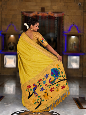 Yellow faux banarasi silk saree with paithani rich weaved pallu and blouse 4