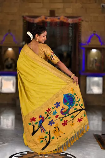Yellow faux banarasi silk saree with paithani rich weaved pallu and blouse
