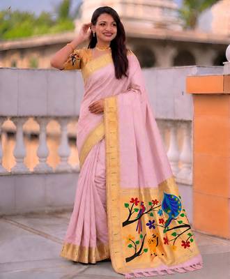 Baby pink faux banarasi silk saree with paithani rich weaved pallu and blouse 2