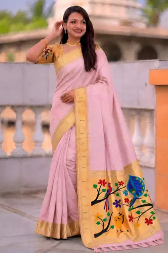 Baby pink faux banarasi silk saree with paithani rich weaved pallu and blouse