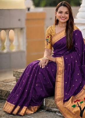 Purple faux banarasi silk saree with paithani rich weaved pallu and blouse 5