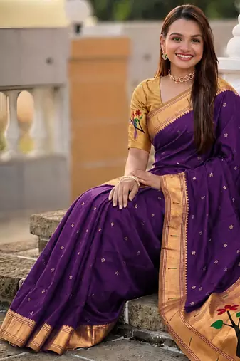 Purple faux banarasi silk saree with paithani rich weaved pallu and blouse