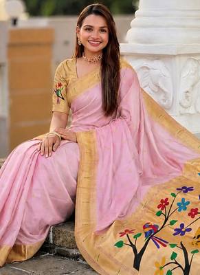 Baby pink faux banarasi silk saree with paithani rich weaved pallu and blouse 3