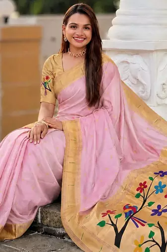 Baby pink faux banarasi silk saree with paithani rich weaved pallu and blouse