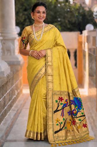 Yellow faux banarasi silk saree with paithani rich weaved pallu and blouse