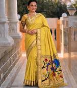 Yellow faux banarasi silk saree with paithani rich weaved pallu and blouse