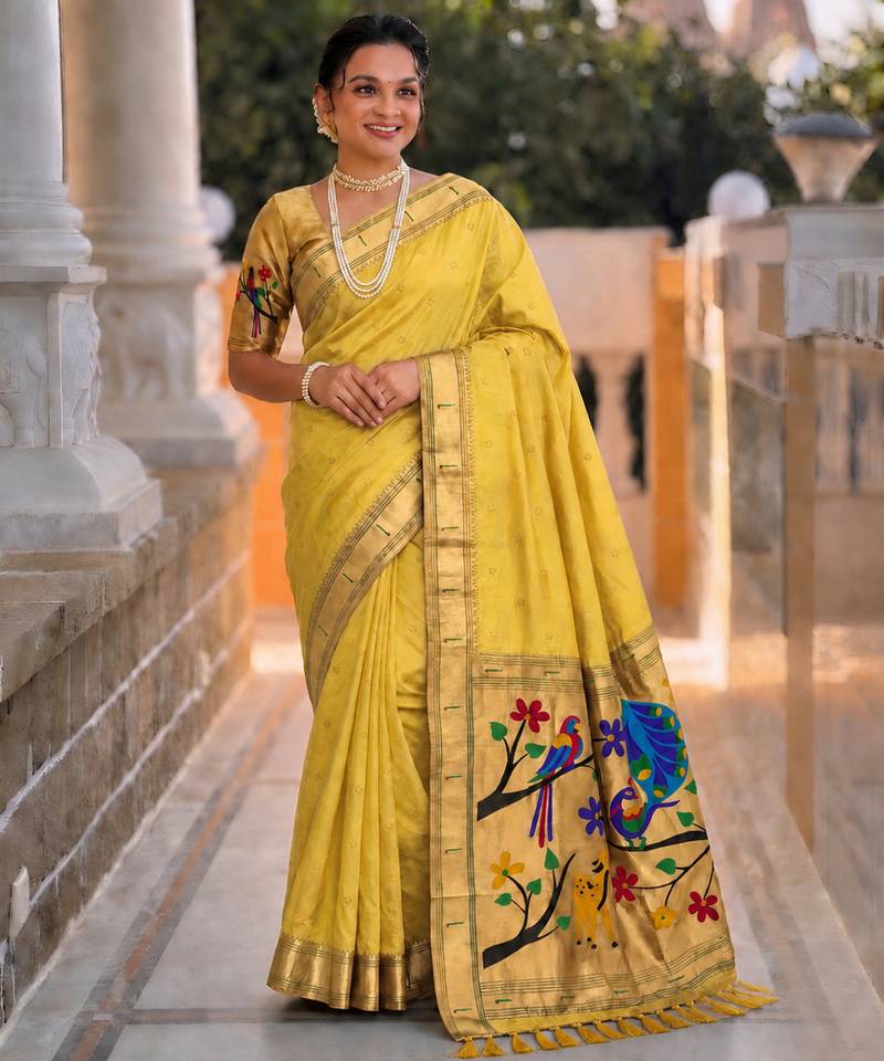 Yellow faux banarasi silk saree with paithani rich weaved pallu and blouse