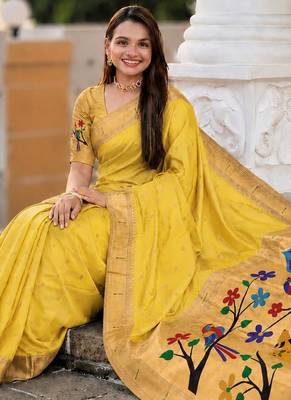 Yellow faux banarasi silk saree with paithani rich weaved pallu and blouse 5