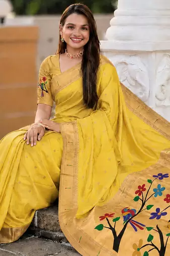 Yellow faux banarasi silk saree with paithani rich weaved pallu and blouse