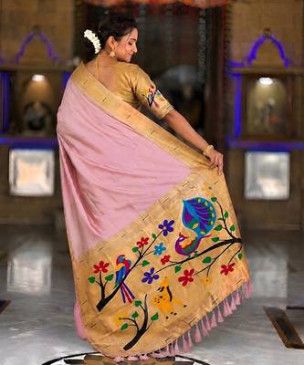 Baby pink faux banarasi silk saree with paithani rich weaved pallu and blouse 4