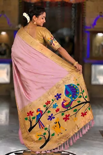 Baby pink faux banarasi silk saree with paithani rich weaved pallu and blouse