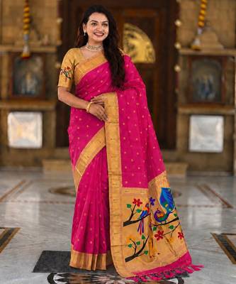 Pink faux banarasi silk saree with paithani rich weaved pallu and blouse 1