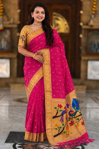 Pink faux banarasi silk saree with paithani rich weaved pallu and blouse