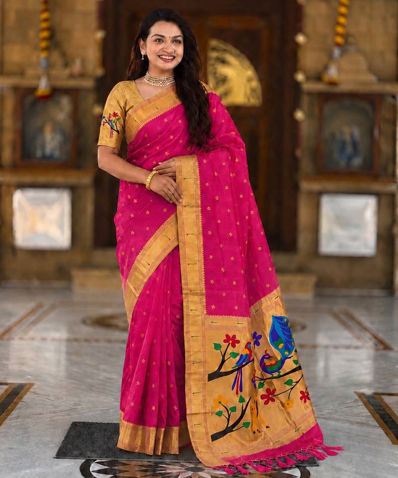 Pink faux banarasi silk saree with paithani rich weaved pallu and blouse