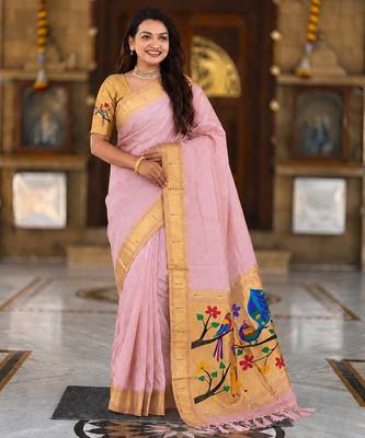 Baby pink faux banarasi silk saree with paithani rich weaved pallu and blouse 5